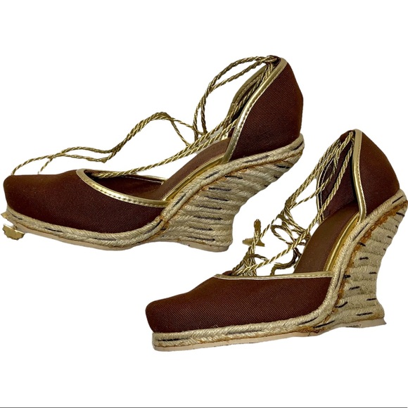 Curved Wedge Heel Ankle Wrap Sandal 6.5 Brown - Picture 8 of 12